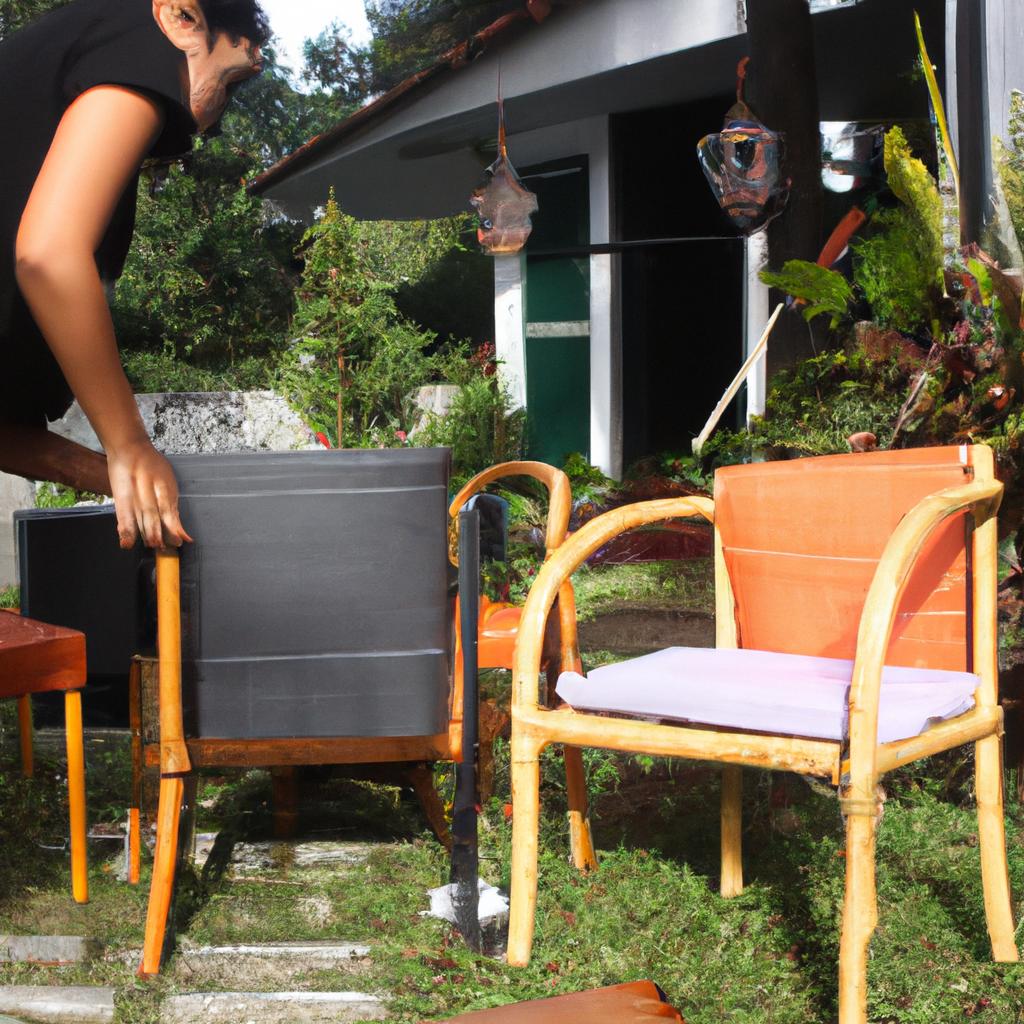 Person arranging outdoor furniture decor
